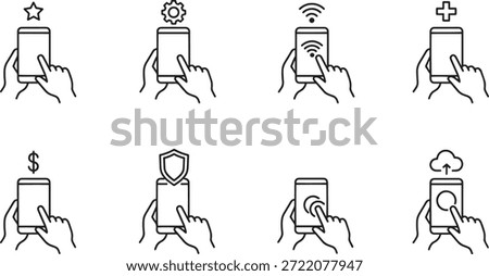 A set of 8 vector silhouette icons showing people using mobile phones in various ways