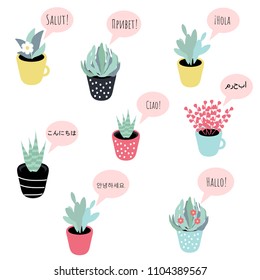 Set of 8 vector stickers with potted plants and greetings in different languages, perfect for bullet journals, scrapbooking, patches, web, etc.