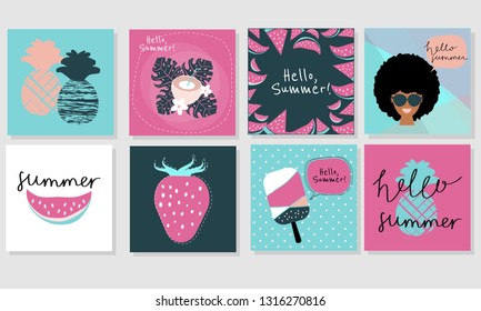 Set of 8 vector summer cards with funny illustration. Flat style. Simple design.