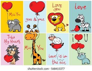 Set of 8 Vector Valentine's cards with cute animals and hand drawn funny texts.
