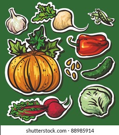 Set of 8 vegetables: garlic, turnips, pumpkins, cucumbers, beets, cabbage, peppers, peas
