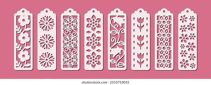 Set of 8 vertical bookmarks with floral pattern. Laser cut template. Decorative bookmark stencil for paper, wood and metal cutting. Vector design with flowers
