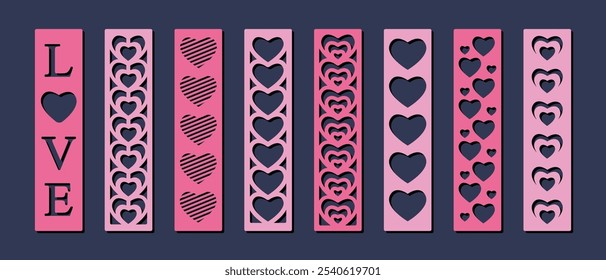 Set of 8 vertical bookmarks with love and hearts pattern. Laser cut template. Decorative bookmark stencil for paper, wood and metal cutting. Vector design