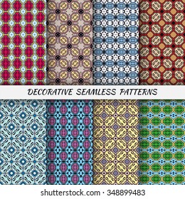 Set of 8 vertical seamless geometric patterns with repeating texture for fabric or paper print, invitations or cards design. Colorful vector collection