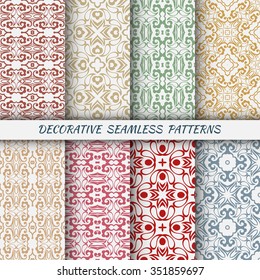 Set of 8 vertical seamless geometric lace patterns with repeating texture for fabric or paper print. Colorful vector collection