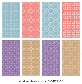 Set of 8 vertical seamless line patterns. Colorful geometric backgrounds collection. Endless repeating linear texture for wallpaper, packaging, banners, invitations, business cards, fabric print