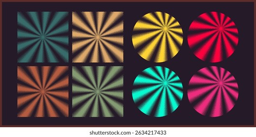 A set of 8 vibrant halftone radial burst backgrounds in circular and square shapes, suitable for poster design, comic art, and digital decoration.