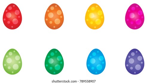 Set of 8 vibrantly rainbow colored eggs decorated with a dot pattern.