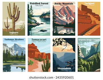 Set of 8 Vintage National Park Posters National Park Art Prints, Nature Wall Art, and Mountain Print Travel Wall Art Living Room Bedroom Bathroom Decor.