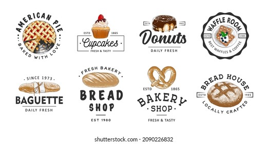 Set of 8 vintage style bakery, pastry shop labels, badges, emblems and logo. Vector illustration. Colorful graphic sketches with engraved design elements. Collection of hand drawn on white background.