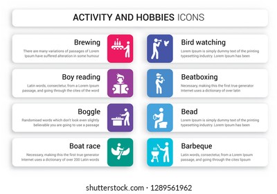Set of 8 white activity and hobbies icons such as Brewing, Boy Reading, Boggle, Boat race, Bird watching, Beatboxing isolated on colorful background