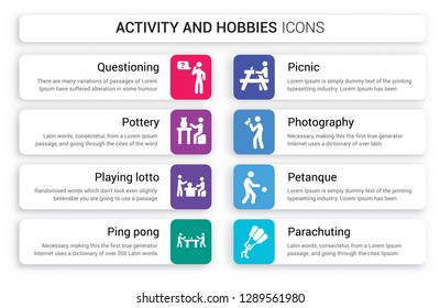 Set of 8 white activity and hobbies icons such as Questioning, Pottery, Playing Lotto, Ping pong, Picnic, Photography isolated on colorful background