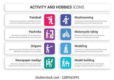 Set of 8 white activity and hobbies icons such as Paintball, Pachinko, Origami, Newspaper readign, Mushrooming, Motorcycle riding isolated on colorful background