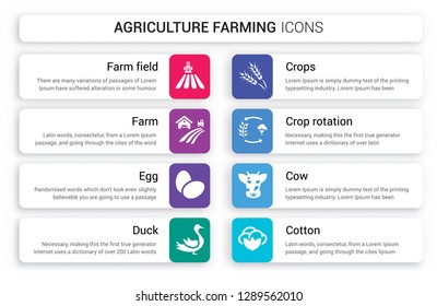 Set of 8 white agriculture farming icons such as farm Field, Farm, Egg, Duck, Crops, crop rotation isolated on colorful background