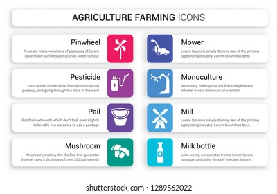 Set of 8 white agriculture farming icons such as Pinwheel, Pesticide, Pail, Mushroom, Mower, monoculture isolated on colorful background
