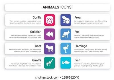 Set of 8 white animals icons such as Gorilla, Goldfish, Goat, Giraffe, Frog, Fox isolated on colorful background
