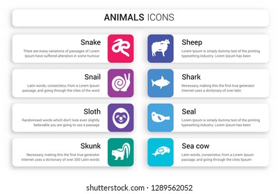 Set of 8 white animals icons such as Snake, Snail, Sloth, skunk, Sheep, Shark isolated on colorful background