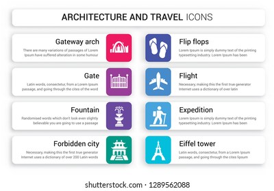 Set of 8 white architecture and travel icons such as Gateway arch, Gate, Fountain, Forbidden city, Flip flops, Flight isolated on colorful background