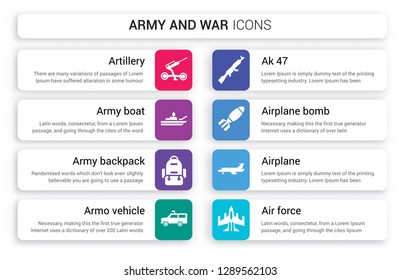 Set of 8 white army and war icons such as artillery, boat, Army backpack, Armo Vehicle, AK 47, Airplane Bomb isolated on colorful background