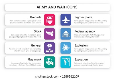 Set of 8 white army and war icons such as Grenade, glock, General, Gas mask, fighter plane, federal agency isolated on colorful background