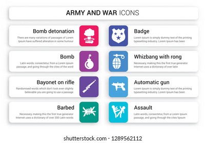 Set of 8 white army and war icons such as Bomb Detonation, Bomb, Bayonet On Rifle, Barbed, Badge, Whizbang with Rong isolated on colorful background