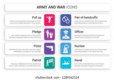 Set of 8 white army and war icons such as Pull up, Pledge, Pistol, Patriot, Pair Handcuffs, officer isolated on colorful background