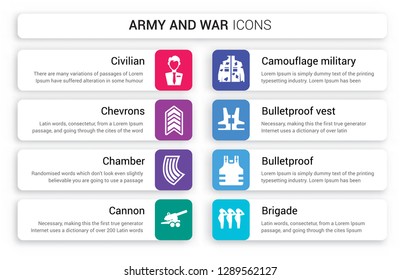 Set of 8 white army and war icons such as civilian, chevrons, Chamber, Cannon, Camouflage military clothing, Bulletproof Vest isolated on colorful background