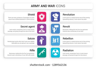 Set of 8 white army and war icons such as Shield, secret agent, Salute, Rifle, Revolution, Revolt isolated on colorful background