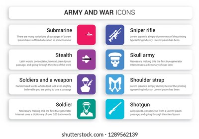 Set of 8 white army and war icons such as Submarine, stealth, Soldiers a weapon, Soldier, Sniper Rifle, Skull Army isolated on colorful background