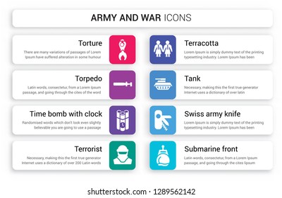 Set Of 8 White Army And War Icons Such As Torture, Torpedo, Time Bomb With Clock, Terrorist, Terracotta, Tank Isolated On Colorful Background
