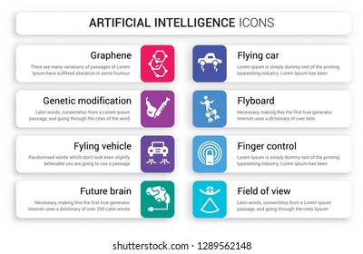 Set of 8 white artificial intelligence icons such as Graphene, Genetic modification, fyling Vehicle, future Brain, Flying car, Flyboard isolated on colorful background