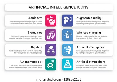 Set of 8 white artificial intelligence icons such as Bionic arm, Biometrics, Big data, Autonomous car, Augmented reality, Wireless charging isolated on colorful background