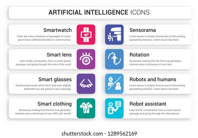 Set of 8 white artificial intelligence icons such as Smartwatch, Smart lens, glasses, clothing, Sensorama, Rotation isolated on colorful background