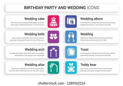 Set of 8 white birthday party and wedding icons such as Wedding cake, Bells, arch, Altar, Album, isolated on colorful background