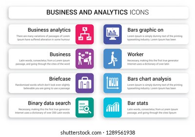 Set of 8 white business and analytics icons such as Business graphics, Business, Briefcase, Binary data search, Bars graphic on screen, Worker isolated colorful background