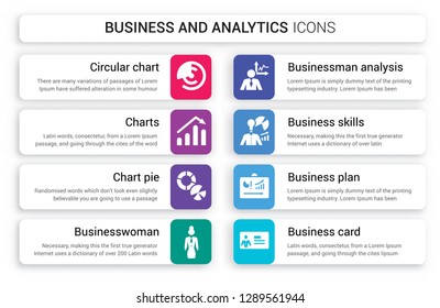 Set of 8 white business and analytics icons such as Circular chart, Charts, Chart pie, Businesswoman, Businessman analysis, Business skills isolated on colorful background