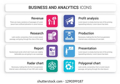 Set of 8 white business and analytics icons such as Revenue, Research, Report, radar chart, Profit Analysis, Production isolated on colorful background