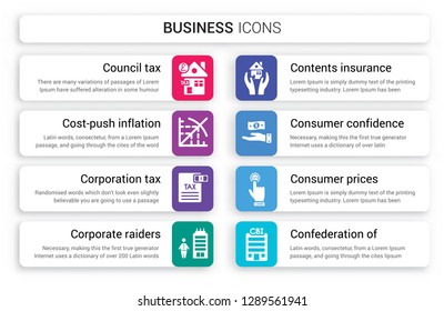 Set of 8 white business icons such as Council tax, Cost-push inflation, Corporation Corporate raiders, Contents insurance, Consumer confidence isolated on colorful background