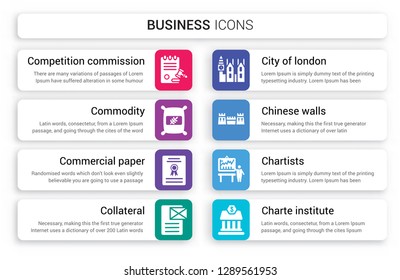 Set of 8 white business icons such as Competition Commission, Commodity, Commercial paper, Collateral, City London, Chinese walls isolated on colorful background