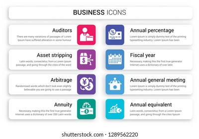 Set of 8 white business icons such as Auditors, Asset stripping, Arbitrage, Annuity, Annual percentage rate (APR), Fiscal year isolated on colorful background