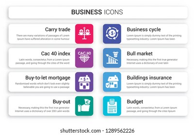 Set of 8 white business icons such as Carry trade, CAC 40 index, Buy-to-let mortgage, Buy-out, Business cycle, Bull market isolated on colorful background