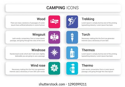 Set of 8 white camping icons such as Wood, Wingsuit, Windrose, Wind rose, Trekking, Torch isolated on colorful background