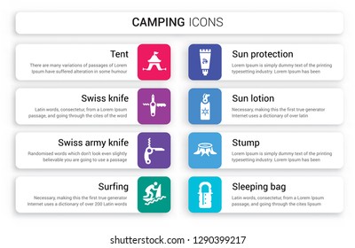 Set of 8 white camping icons such as Tent, Swiss knife, army Surfing, Sun protection, lotion isolated on colorful background