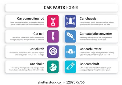 Set of 8 white car parts icons such as connecting rod, coil, clutch, choke, chassis, catalytic converter isolated on colorful background