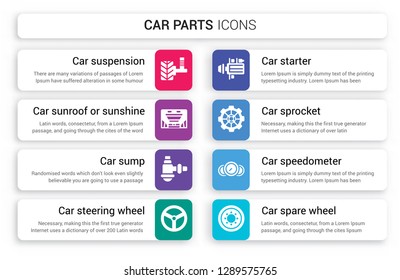 Set of 8 white car parts icons such as suspension, sunroof or sunshine roof, sump, steering wheel, starter, sprocket isolated on colorful background