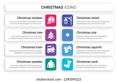 Set of 8 white christmas icons such as Christmas window, tree, train, sweater, Street light, star isolated on colorful background