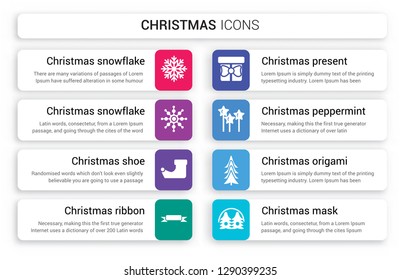 Set of 8 white christmas icons such as snowflake, Christmas shoe, ribbon, present, Peppermint isolated on colorful background