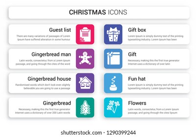 Set of 8 white christmas icons such as Guest list, Gingerbread man, house, Gingerbread, Gift box, isolated on colorful background