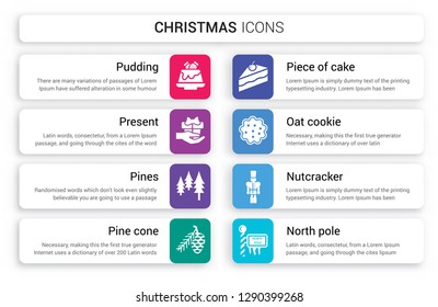 Set of 8 white christmas icons such as Pudding, Present, Pines, Pine cone, Piece cake, Oat Cookie isolated on colorful background