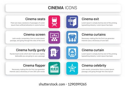 Set of 8 white cinema icons such as Cinema seats, screen, hurdy gurdy, flapper, exit, curtains isolated on colorful background